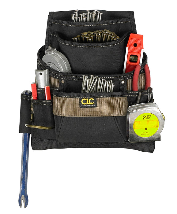CUSTOM LEATHERCRAFT CLC Tool Works Series 1620 Nail/Tool Bag, 12-3/4 in W, 3-1/4 in D, 13-3/4 in H, 11-Pocket, Polyester, Black/Brown