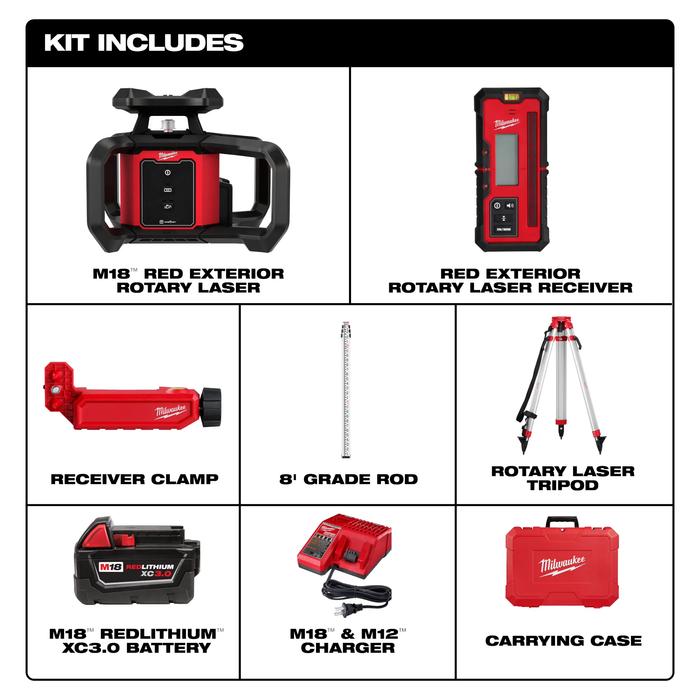 MILWAUKEE - M18™ Red Exterior Rotary Laser Level Kit w/ Receiver, Tripod, & Grade Rod