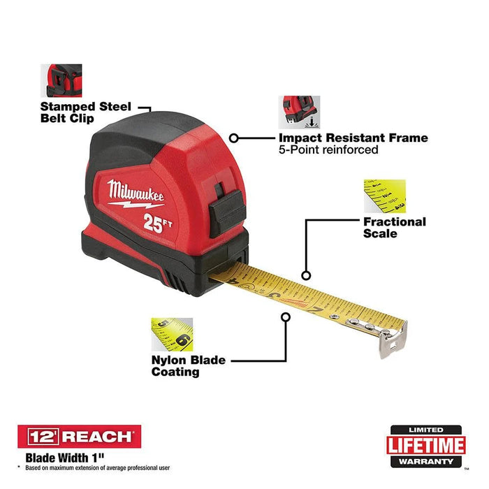 Milwaukee 48-22-6625 Tape Measure, 25 ft L Blade, 1.65 in W Blade, Steel Blade, ABS Case, Black/Red Case